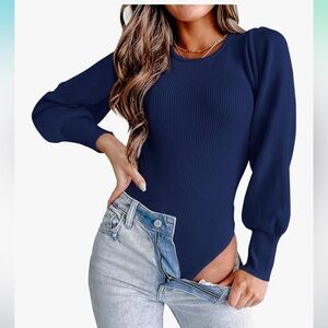 Ribbed Elegant Navy Blue Women's Bodysuit